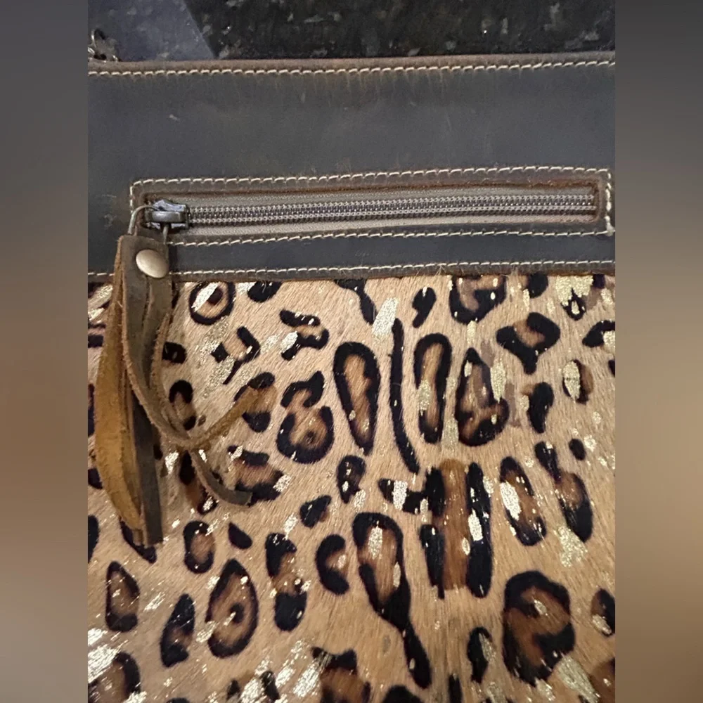 MYRA Bag Leopard Print Wristlet Clutch with Leather Brown Trim